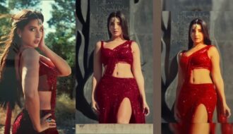 Nora Fatehi Glamorous Red Saree Look from Payal Song - Meghashop