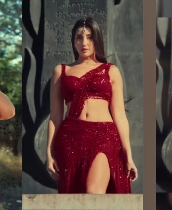 Nora Fatehi Glamorous Red Saree Look from Payal Song - Meghashop